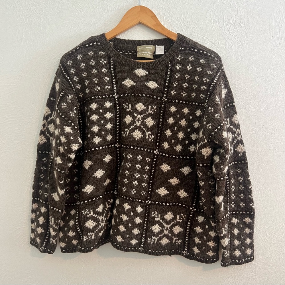 Vintage Liz Claiborne Wool Sweater Hand Knit Shetland Fair Isle Brown White